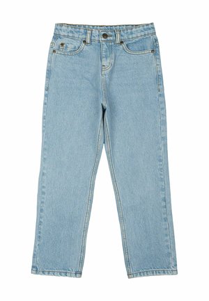 Világoskék farmernadrág egyenes szárú kialakítással, gombos záródással, öt zsebes stílusban és látható varrási részletekkel.