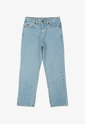 Jeans in denim azzurro chiaro con design a gamba dritta, caratterizzati da chiusura con bottoni, cinque tasche e dettagli di cuciture visibili.