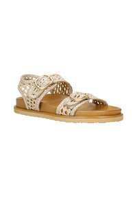 Beige woven leather sandal with two adjustable gold buckles and a flat tan sole, designed for casual wear.