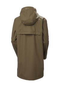 Olijfgroene lange waterdichte regenjas met capuchon, zichtbare achtervleugel en subtiel HH-logo in het midden van de capuchon.