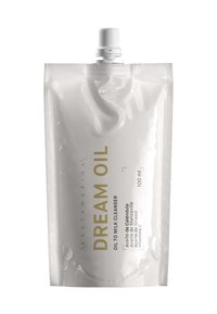 Bolsa flexible plateada con tapa blanca, etiquetada "Aceite de Sueño" en texto dorado. Contiene 100 ml de limpiador de aceite a leche. Textura suave y semi-translúcida.