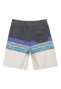 Shorts da bagno da uomo grigi, con una fascia multicolore di viola e blu. Comprendono una tasca posteriore e un tessuto leggero.