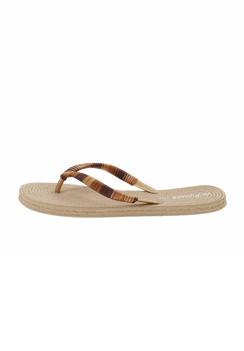 Sandalia flip-flop color marrón claro con suela redonda y texturada. Presenta tiras a rayas en marrón y dorado con un acabado suave. Diseño ligero y casual.