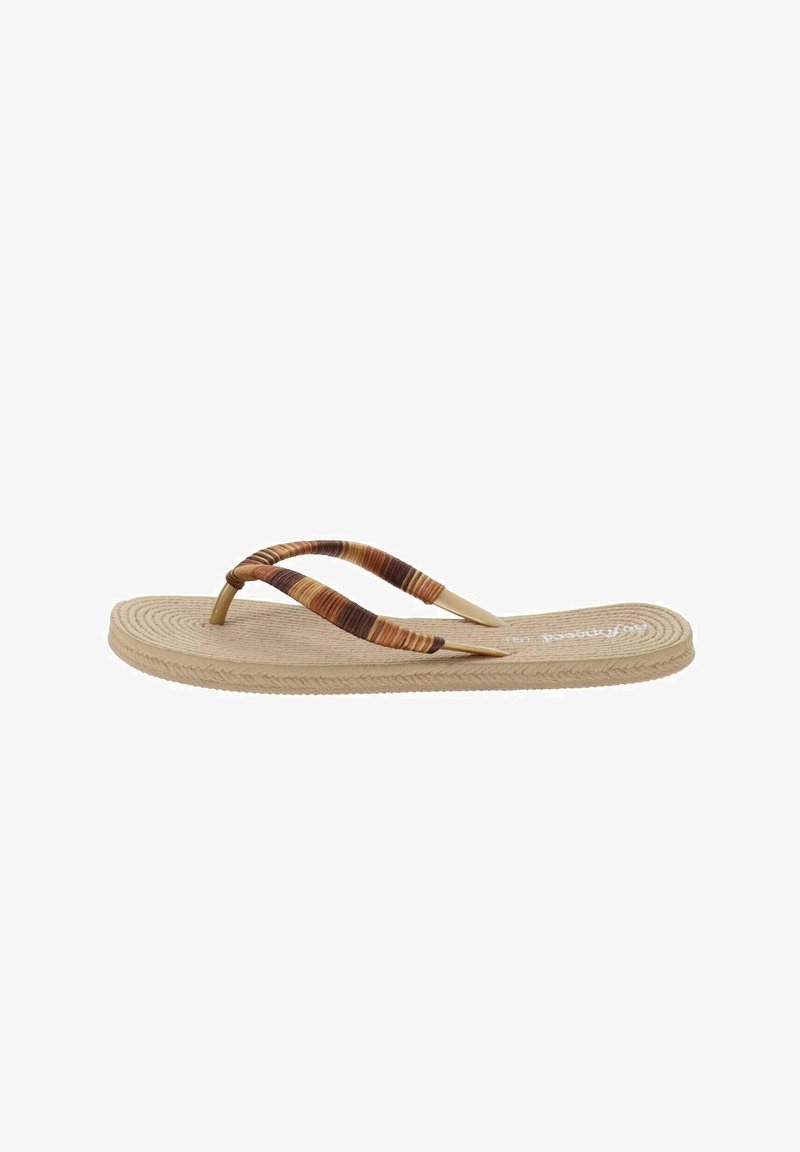 Sandalia flip-flop color marrón claro con suela redonda y texturada. Presenta tiras a rayas en marrón y dorado con un acabado suave. Diseño ligero y casual.