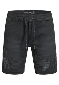 Mustat farkkushortsit, joissa on joustava vyötärönauha, nyörikiristys, resoriset sivupaneelit ja kulutettuja yksityiskohtia edessä.