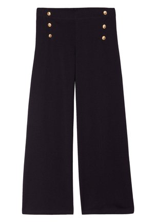 Pantalons larges noirs en tissu lisse, avec quatre boutons dorés sur le côté gauche. Design simple avec une coupe décontractée.