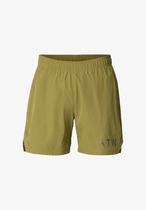 Kniehohe, olivgrüne Shorts aus leichtem Material; mit elastischem Bund und Seitentaschen; vorne mit aufgedrucktem "ATW"-Logo.