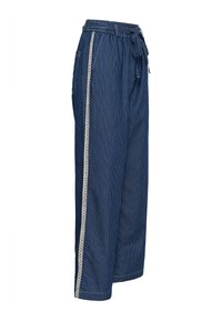 Široké kalhoty s námořnicky modrými pruhy vyrobené z měkké látky, s elastickým pasem, šňůrkou a kontrastními krémovými postranními pruhy.