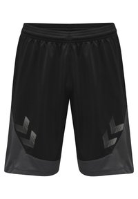 Bermudas deportivas negras hechas de un tejido ligero, con una sutil textura de malla y detalles en gris oscuro con un patrón geométrico en los laterales.