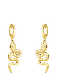 Orecchini a forma di serpente in oro con un design a spirale e diversi gemme trasparenti incastonate, sospesi da chiusure ad anello.