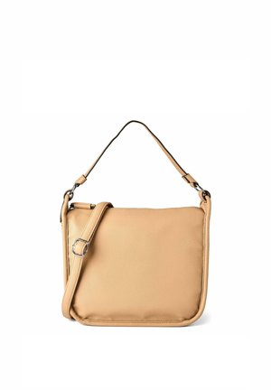 Bolso de hombro de cuero beige con correa ajustable para llevar cruzado y diseño minimalista, de forma rectangular con esquinas redondeadas.
