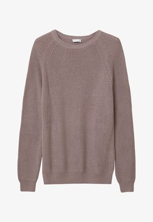 Langarm gestrickter Pullover in gedämpftem Mauve mit Rundhalsausschnitt sowie gerippten Bündchen und Saum.
