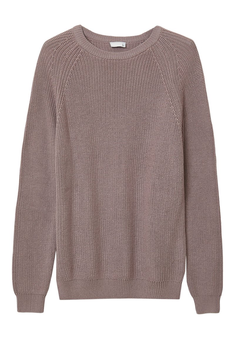Langarm gestrickter Pullover in gedämpftem Mauve mit Rundhalsausschnitt sowie gerippten Bündchen und Saum.