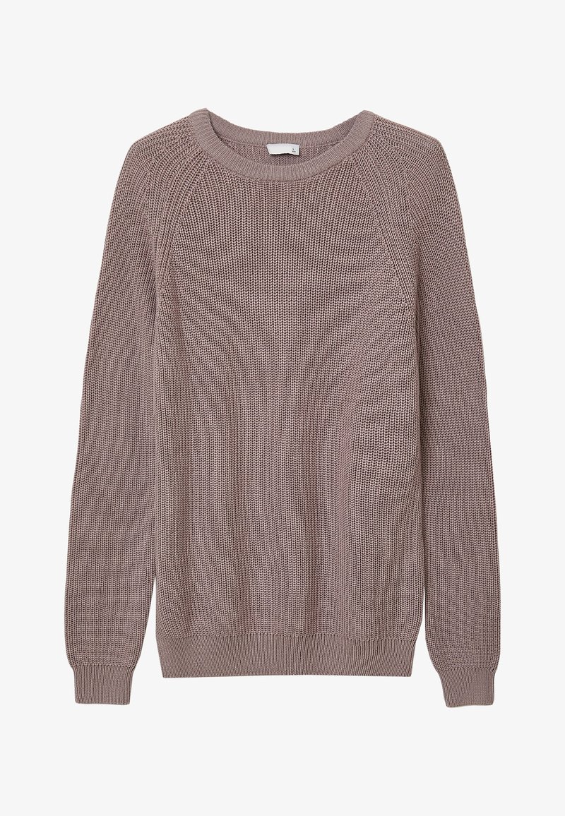 Langarm gestrickter Pullover in gedämpftem Mauve mit Rundhalsausschnitt sowie gerippten Bündchen und Saum.