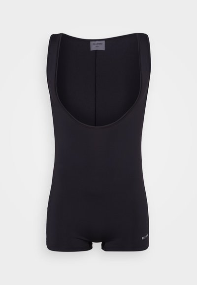 Fato de banho preto em uma peça só, com decote redondo, design ajustado e pernas curtas. Feito de tecido elástico, apresenta uma marcação mínima.