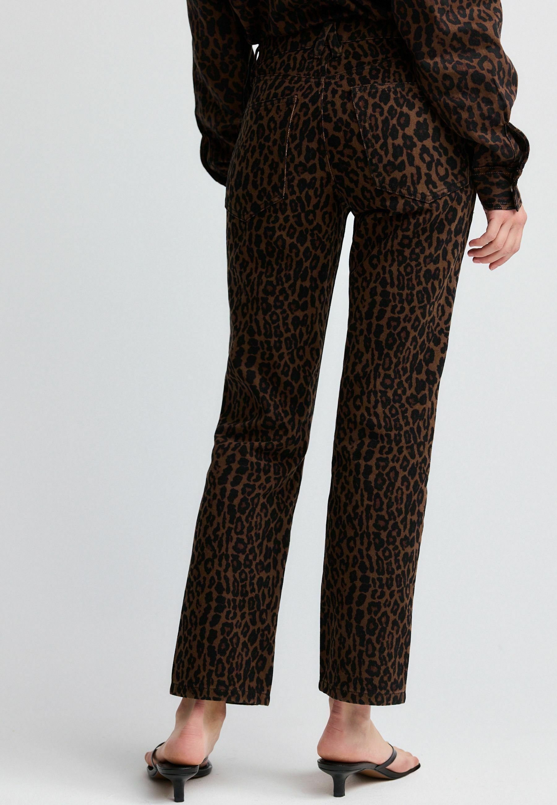 Koroshi Pantalone Denim Donna – Dritto 5 Tasche Con Stampa Leopardo – Nero – 77% Cotone