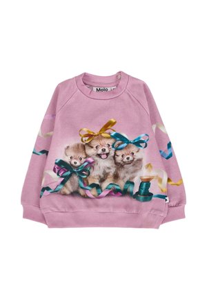 Sweat-shirt rose avec trois chiens portant des nœuds, imprimé sur le devant. Le design comprend des rubans colorés le long des manches. Tissu doux.
