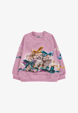 Roze sweatshirt met drie honden met strikken, bedrukt op de voorkant. Het ontwerp bevat kleurrijke linten langs de mouwen. Zacht materiaal.