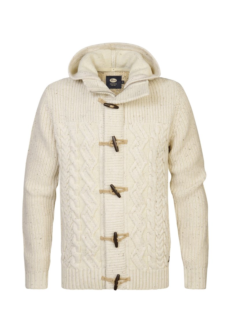 Cremfarbener Strickpullover mit Kapuze, der über ein Kabelmuster, hölzerne Knöpfe und gerippte Bündchen sowie Saum verfügt. Strukturierter, warmer Design.
