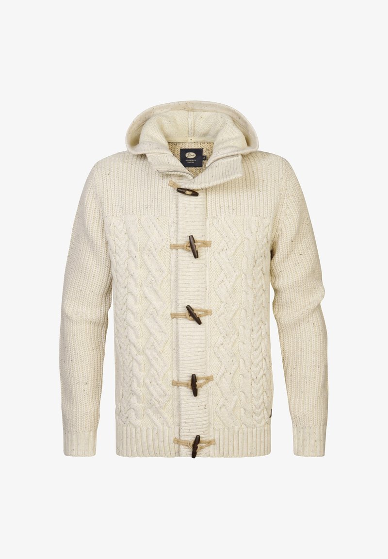 Pull en tricot crème avec capuche, présentant des motifs en relief, des fermetures à toggles en bois et des poignets et ourlets côtelés. Design texturé et chaud.