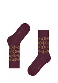Bordowe skarpetki z bawełny z geometrycznym wzorem w odcieniach beżu i pomarańczu. Posiadają ściągacz i nadrukowane logo w okolicach kostki.