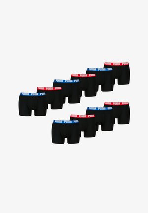 Schwarze Boxershorts mit roten und blauen elastischen Bund mit "PUMA"-Logo. Das Set enthält mehrere Paare, die in zwei Reihen angeordnet sind.