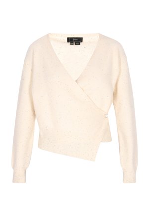 Cremefarvet indpakningstrøje med V-hals, spraglet tekstur, sidelukning med knap og ribbede manchetter og kant.