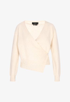 Cremefarvet indpakningstrøje med V-hals, spraglet tekstur, sidelukning med knap og ribbede manchetter og kant.
