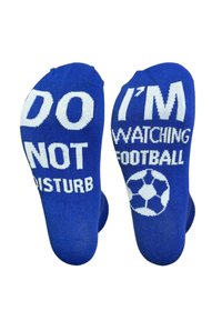 Calze blu con testo bianco: "NON DISTURBARE" su una calza e "STO GUARDANDO IL CALCIO" con una grafica di un pallone da calcio sull'altra. Texture a maglia liscia.