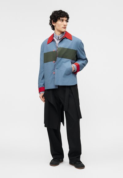 Άνδρας που φορά μπλε μπουφάν με κόκκινο γιακά και μανσέτες, ριγέ ελιάς πράσινο, μαύρο παντελόνι φαρδύ με στρώσεις υφάσματος και μαύρα παπούτσια, στέκεται και κοιτά δεξιά.