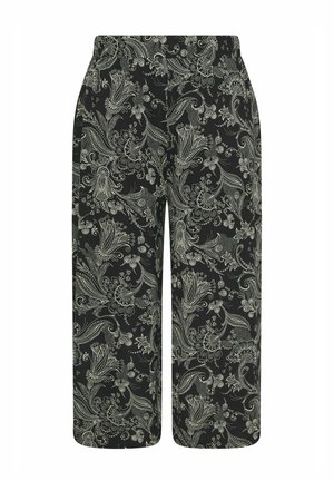 Mustat leveälahkeiset housut, joissa on valkoiset monimutkaiset kukka- ja paisley-kuviot, vyötäröllä joustava nauha ja sivutaskut.