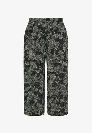 Pantalon noir à jambes larges avec des motifs floraux et cachemire blancs détaillés, doté d'une ceinture élastique et de poches latérales.