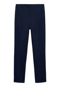 Pantalons bleu marine ajustés avec une texture lisse, devant plat et sans fermetures visibles. Présente deux plis verticaux à l'avant.