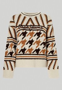 Maglione in maglia crema con motivi a scacchi marroni e neri e zigzag, con ricamo "Pepe Jeans" sul petto.