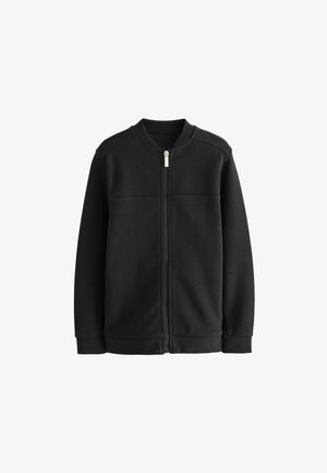 Zwarte zip-up jas van zacht materiaal, met een ronde hals, lange mouwen en geribbelde manchetten. Schoon ontwerp zonder zichtbare patronen.