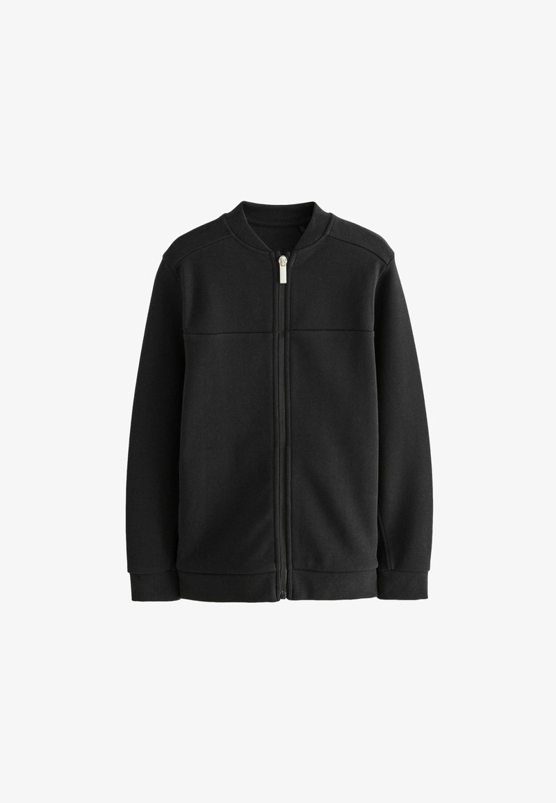 Giacca nera con zip realizzata in tessuto morbido, dotata di collo rotondo, maniche lunghe e polsini a costine. Design pulito senza motivi visibili.