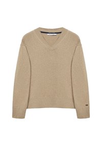Pull en maille beige à col en V avec manches longues, poignets et ourlet côtelés, avec une petite étiquette de marque sur le poignet de la manche gauche.
