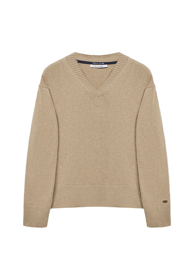 Pull en maille beige à col en V avec manches longues, poignets et ourlet côtelés, avec une petite étiquette de marque sur le poignet de la manche gauche.