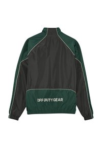 Dunkelgrüne und schwarze Windjacke mit weißen Paspeln und dem Text "OFF DUTY GEAR" am unteren Rücken, elastische Bündchen und Saum.