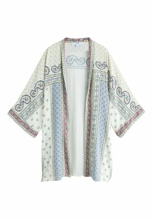 Light cream kimono with wide sleeves featuring paisley and geometric patterns in muted blue, pink, and green, open front with no buttons.