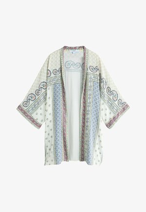 Light cream kimono with wide sleeves featuring paisley and geometric patterns in muted blue, pink, and green, open front with no buttons.