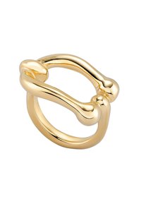 Anillo de color dorado que presenta un diseño entrelazado único con una textura lisa y pulida y acentos redondeados.