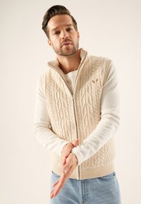 Gilet en tricot beige avec un col haut et une fermeture éclair ; design texturé et ajusté superposé à une chemise blanche à manches longues. Jeans visibles à la taille.