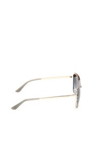 Occhiali da sole in metallo color oro con lenti scure, caratterizzati da una montatura elegante e un design di accento lungo il bordo superiore. Leggeri con tempie curve.