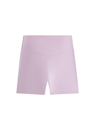 Magasan szabott, világoslila, rugalmas kerékpáros rövidnadrág sima felülettel, combközépig érő fazonnal.