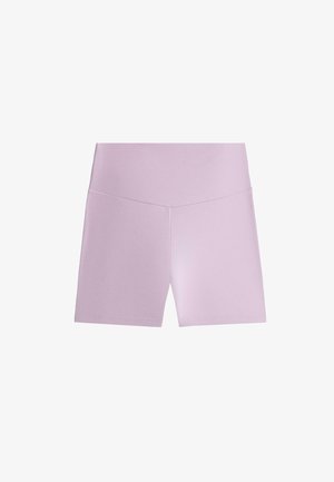 Pantaloni scurți de ciclism elastici, mov deschis, cu talie înaltă, finisaj neted și tăietură până la mijlocul coapsei.