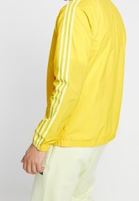 Žlutá lehká bunda s bledě zelenými pruhy podél rukávů. Obsahuje elastické manžety a lem, s hladkou, lesklou texturou.