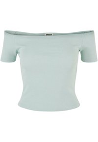 Haut à manches courtes côtelé bleu clair, décolleté bardot, silhouette ajustée avec une petite étiquette "Urban" à l'intérieur de l'encolure.