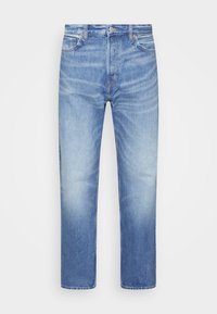 Jeans in denim azzurro chiaro con una vestibilità a gamba dritta, dotati di cinque tasche, chiusura con zip e una leggera scoloritura su tutta la stoffa.