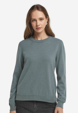 Ljusblå tröja med långa ärmar, rund hals och ribbad nederkant. Tillverkad av mjukt material, med en slät yta och minimalistisk design.
